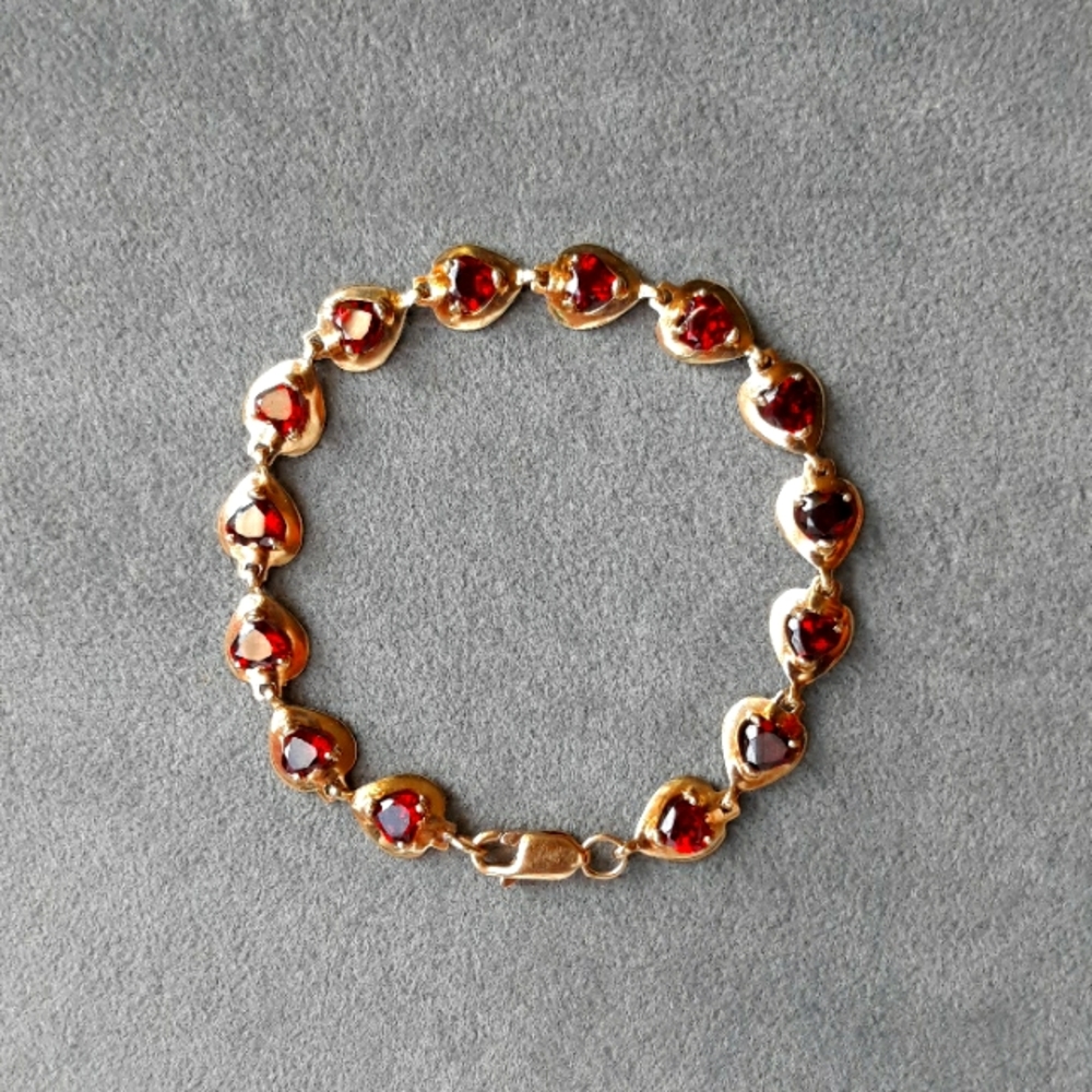 ❤💎14k Gold Eternity Heart Link Bracelet W/14 Natural Garnet Heart Stones 7 1/4" - Picture 1 of 6